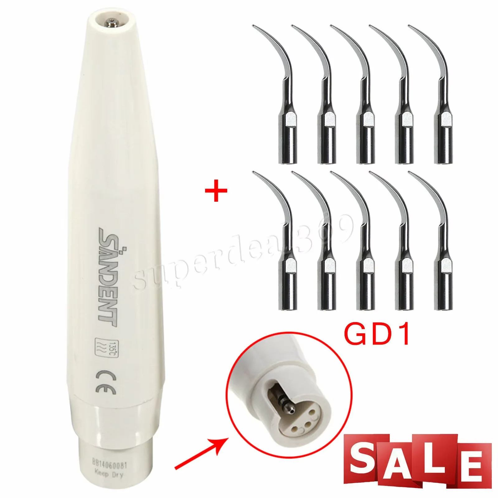 SANDENT Dental Ultrasonic Perio Scaler Handpiece Fit Satelec DTE + 10pcs Scaler Tips GD1
