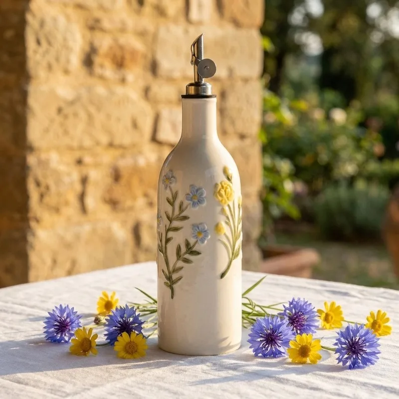 Bouteille d'huile en céramique gaufrée motif fleurs sauvages style nordique, distributeur d'huile d'olive simple, pots de stockage pour sauce soja et vinaigre, décorations de cuisine
