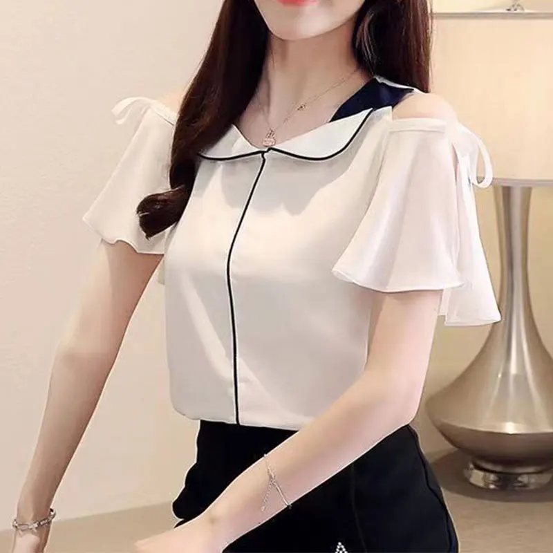 

Elegant Fashion Harajuku Slim Fit Female Clothes Casual All Match Tops Women Patchwork Insert Korean Version Short Sleeve Blusa