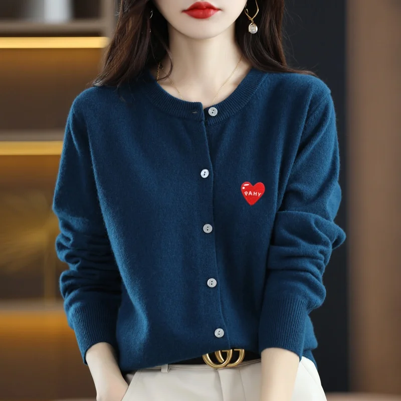 Fashion Long Sleeve 100% Pure Merino Sweaters Wool Spring Autumn Cashmere Women Knitted O-Neck Top Cardigan Clothing Tops