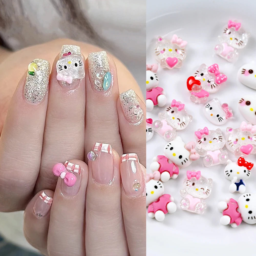 

10 шт., мини-красные, розовые подвески для ногтей «Hello Kitty», милый котенок, кот, бант, сердце, смола, дизайн ногтей, стразы, сделай сам, поделки, украшение для маникюра