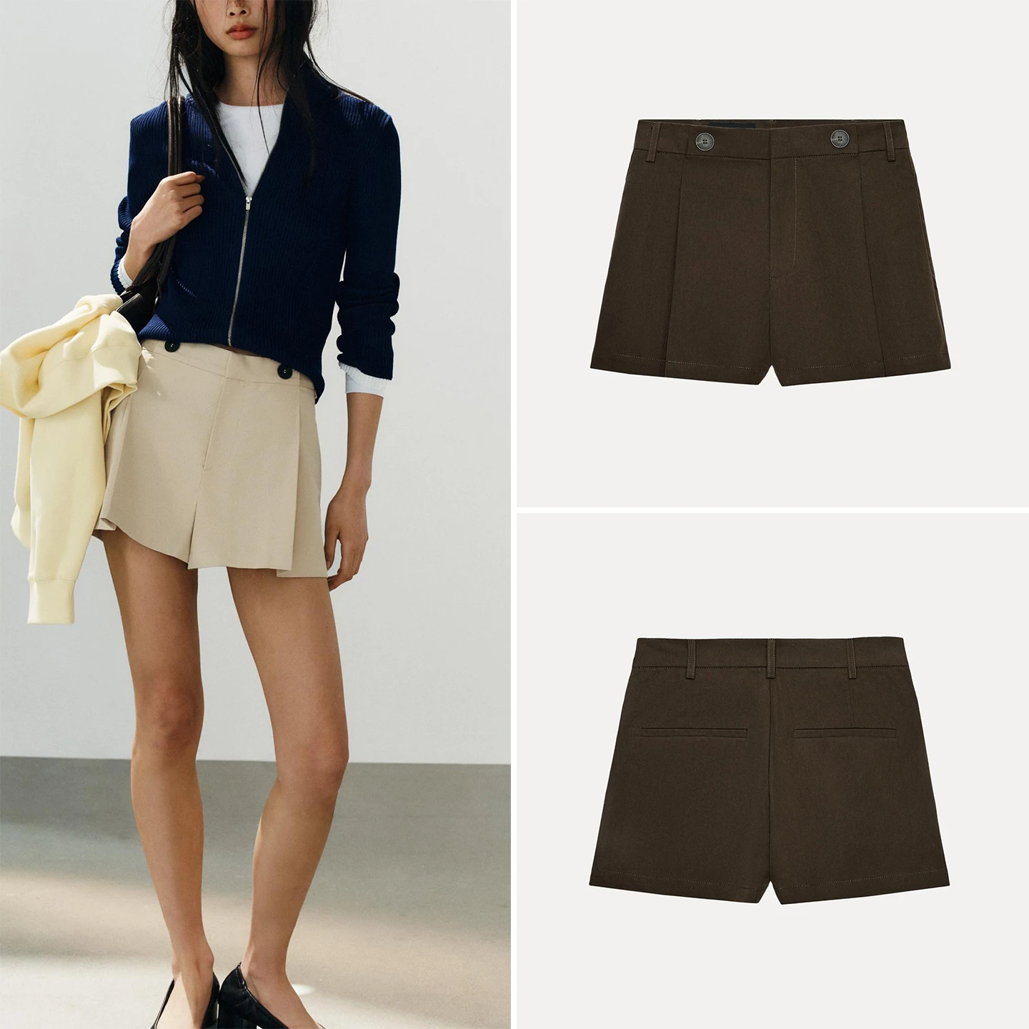 Fashionable High Waist Pleated Button Decorated Two Tone Short Pants for Women Autumn Collection Casual Style Zadata Brand