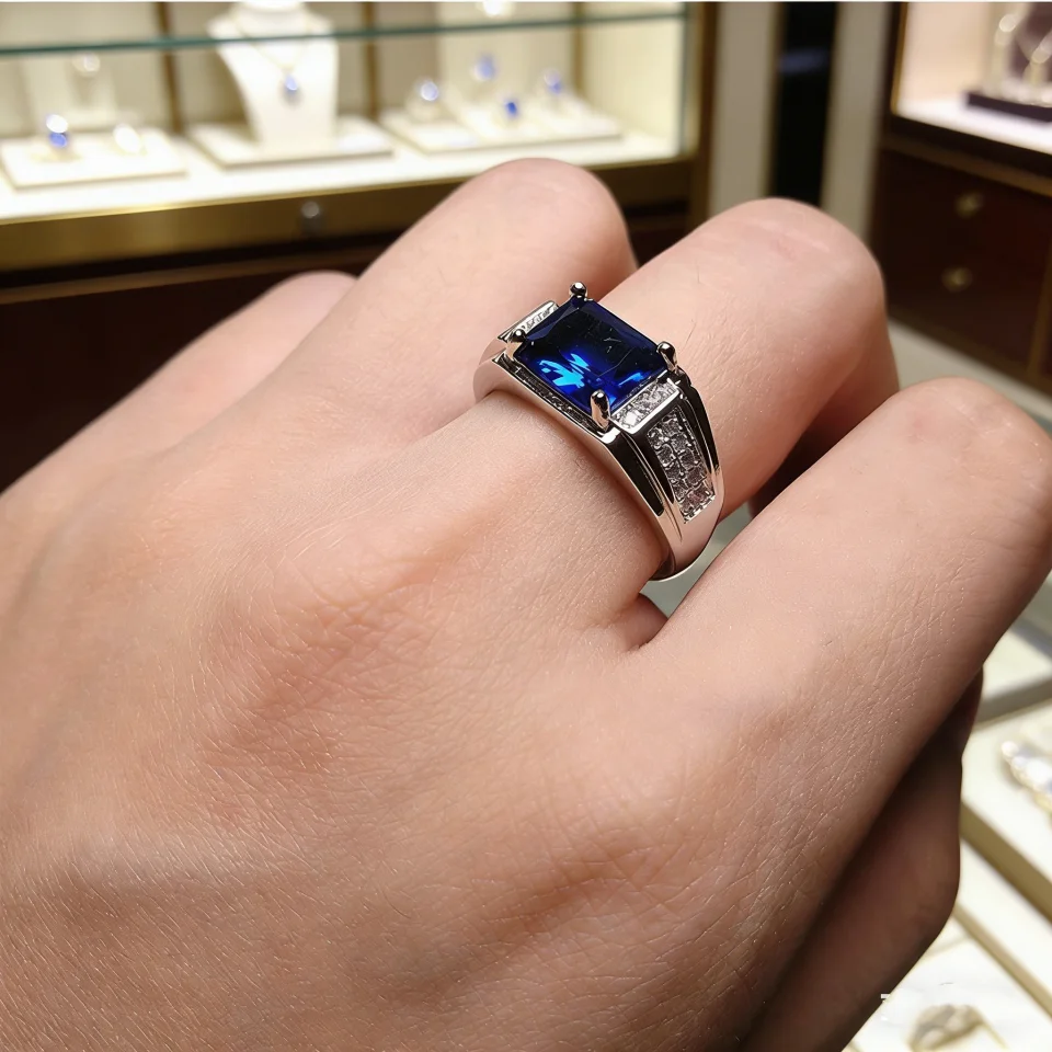 Buyee 925 Sterling Silver Male Ring Finger Blue Crystal Ring for Men Fashion Wedding Fine Jewelry Circle Gift