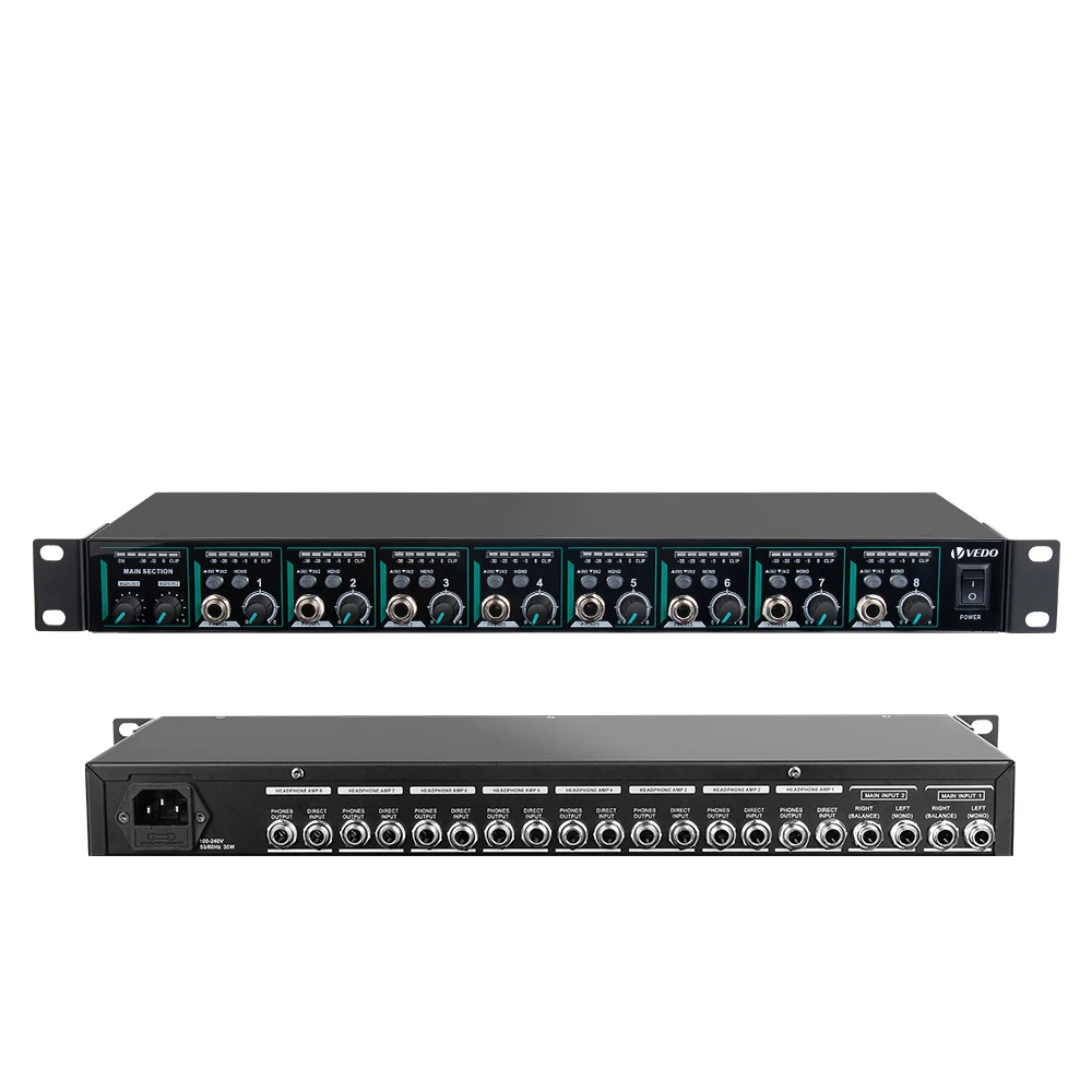 VD8000-V Profissional 8 Canais Amplificador De Fone De Ouvido De Alta Potência Com Interruptor Mono/Estéreo