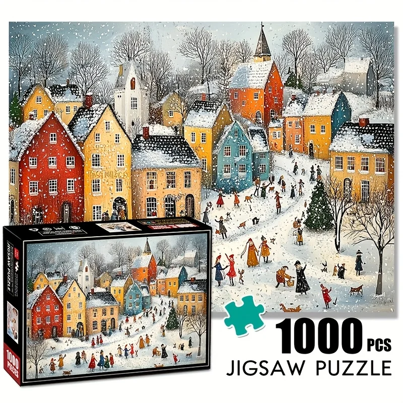 Snowy Street Scene 1000-teiliges Puzzle – großes, farbenfrohes Papierpuzzle für Erwachsene und Familienspaß – DIY-Heimdekoration, Denkaufgabe