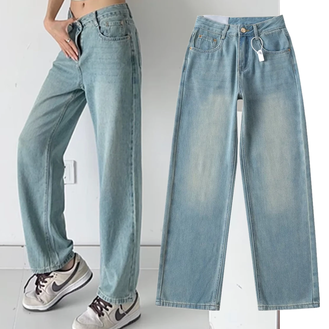 

Withered New Fashion High Waist Denim Pants American Retro Mom Jeans Distressed Loose Harem Jeans Women