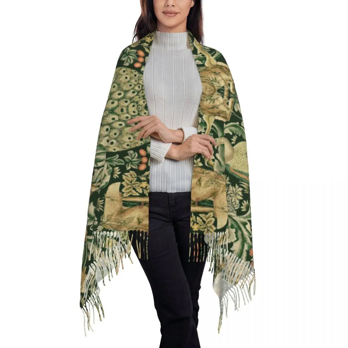 Luxury Peacocks And Fox By William Morris Tassel Scarf Winter Fall Warm Shawl Wrap Ladies Forest Animals Textile Pattern Scarves