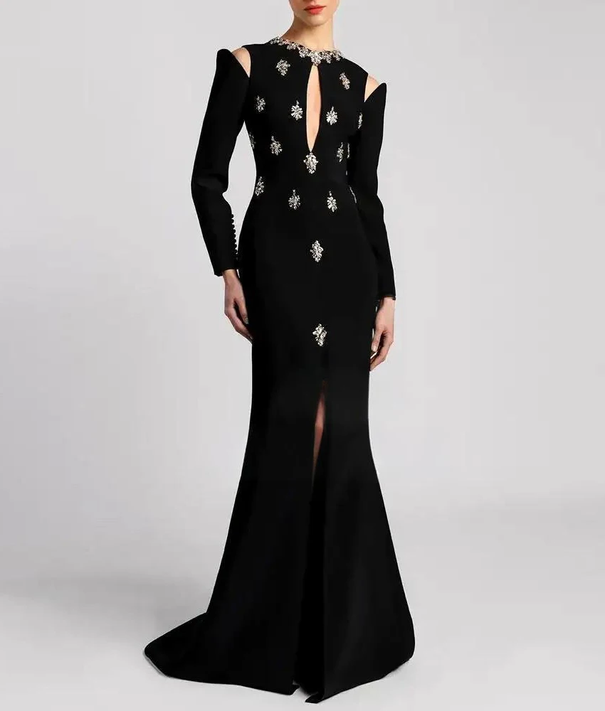 

Customized Temperament Jersey Mermaid Crystal Buttons Evening Dress High Quality Long Sleeves Crew neck Special Occasion Gowns