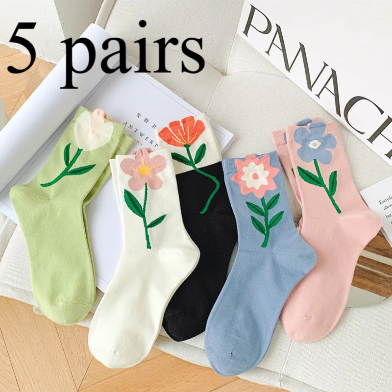 

5 Pairs New Women's 3D Tulip Cotton Socks Sweet Small Flower Lace Design Breathable Comfortable Socks Women