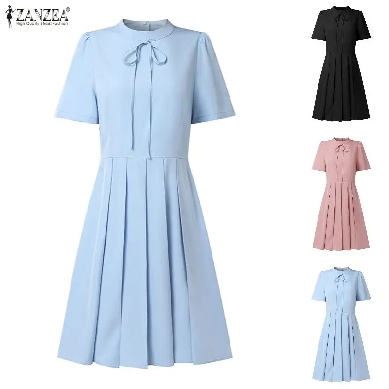 2026 ZANZEA Damen Sommerkleid Elegantes Kurzarm-Plissee-Kleid Stilvolles Einfarbiges A-Linien OL Arbeitskleid mit Schnürung Vestidos