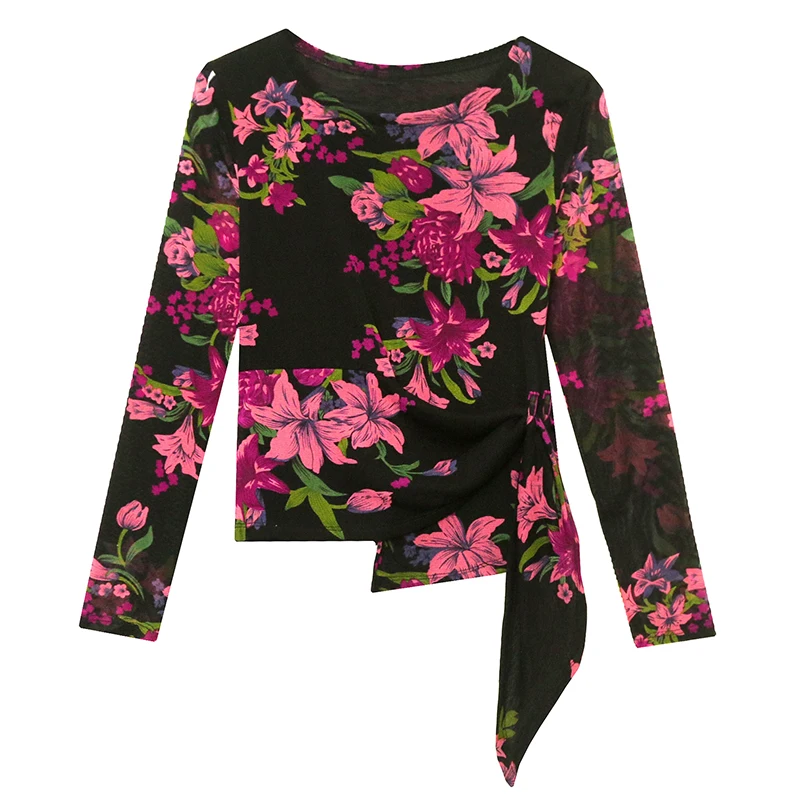 Faionable Leopard Print Base irt Herenherfstkleding Europese Sle Irregular Lace Long Sve Slim Fit T-irt