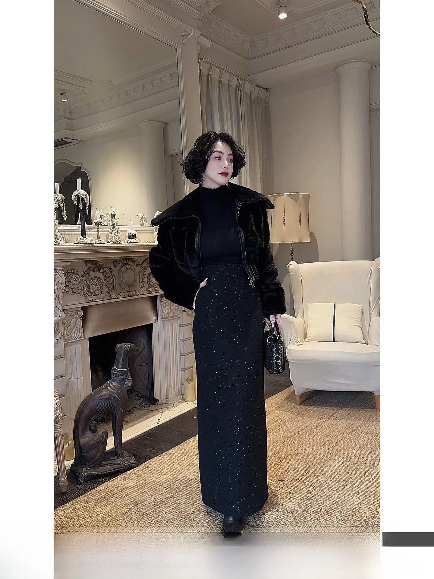 

LYXJ Anarx Galaxy Women's Woolen Skirt Sparkling iny High Waist Fce Lined Winter New Sle Bodycon Skirt