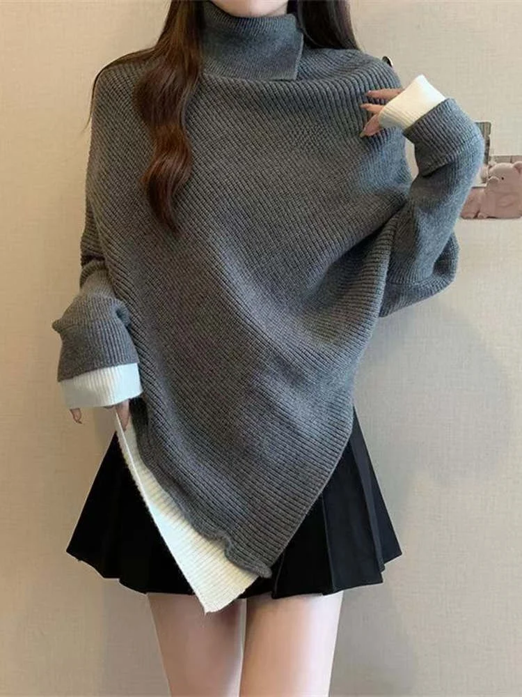 

Laid-ba Высококачественный асимметричный свитер с высоким воротником, женский свободный утягивающий вязаный зимний свитер