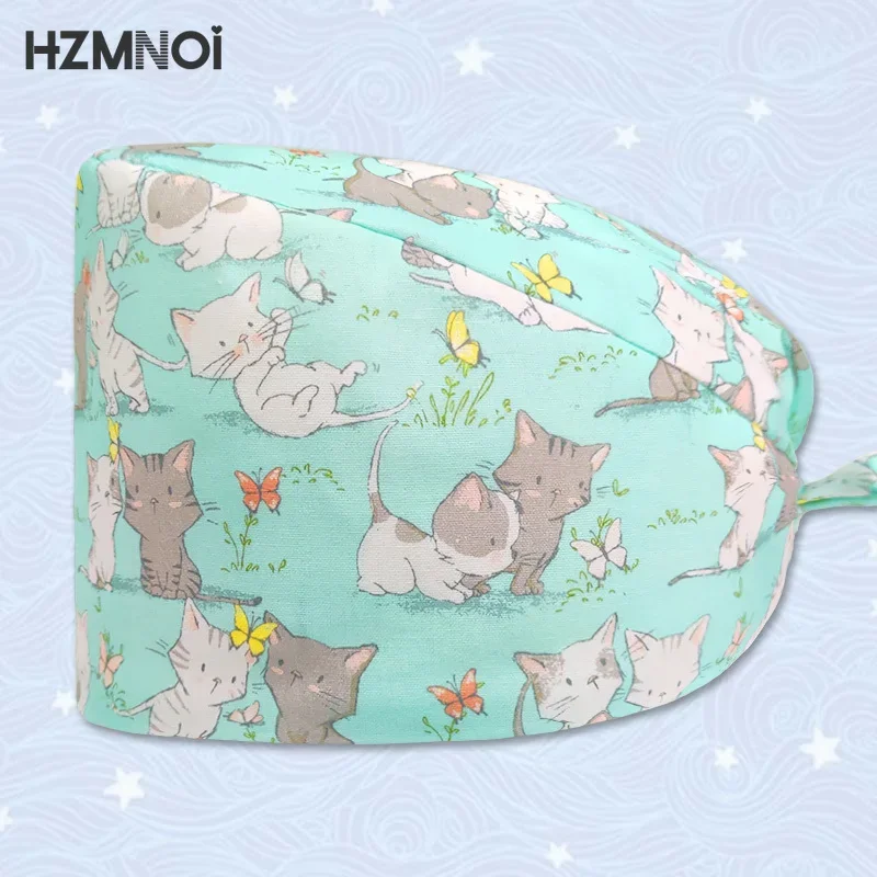 Gorro de enfermera con estampado de dibujos animados de gato, quirúrgico, cirujano, dentista, mascota, Hospital, salón de belleza, Chef, exfoliante transpirable