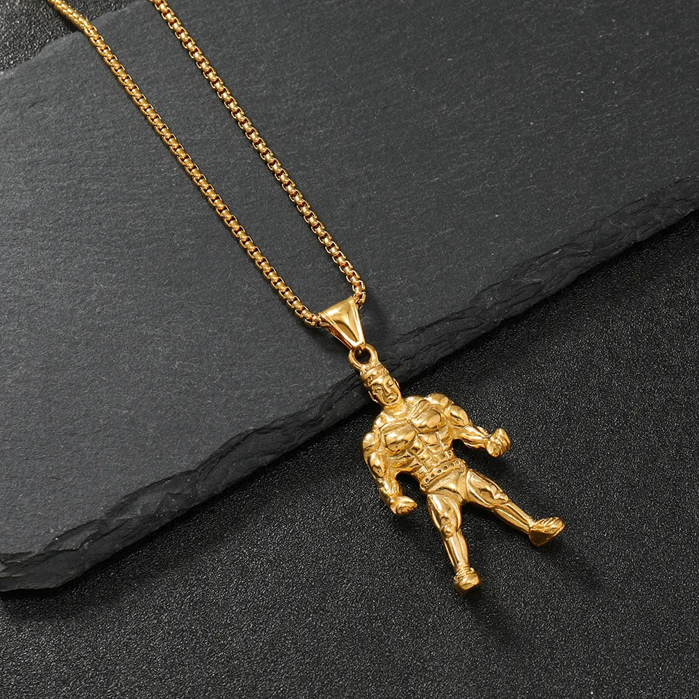 Hip Hop High Polished Muscle Man Fitness Bodybuilder Sport Pendant Necklace Gold Plated Jewelry