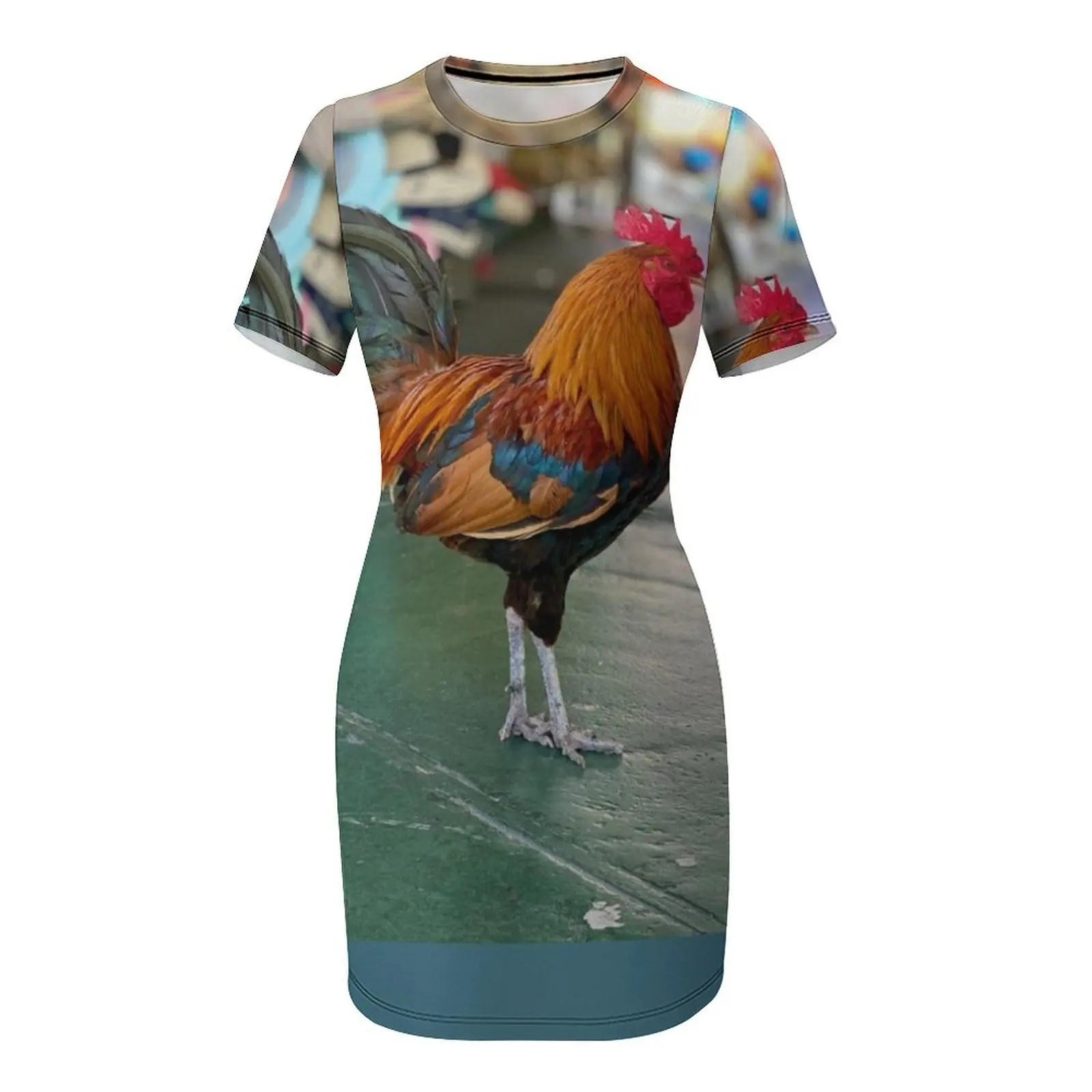 A casual form-fitting women's mini sundress featuring a vibrant all-over graphic print of a colorful Key West rooster chicken.