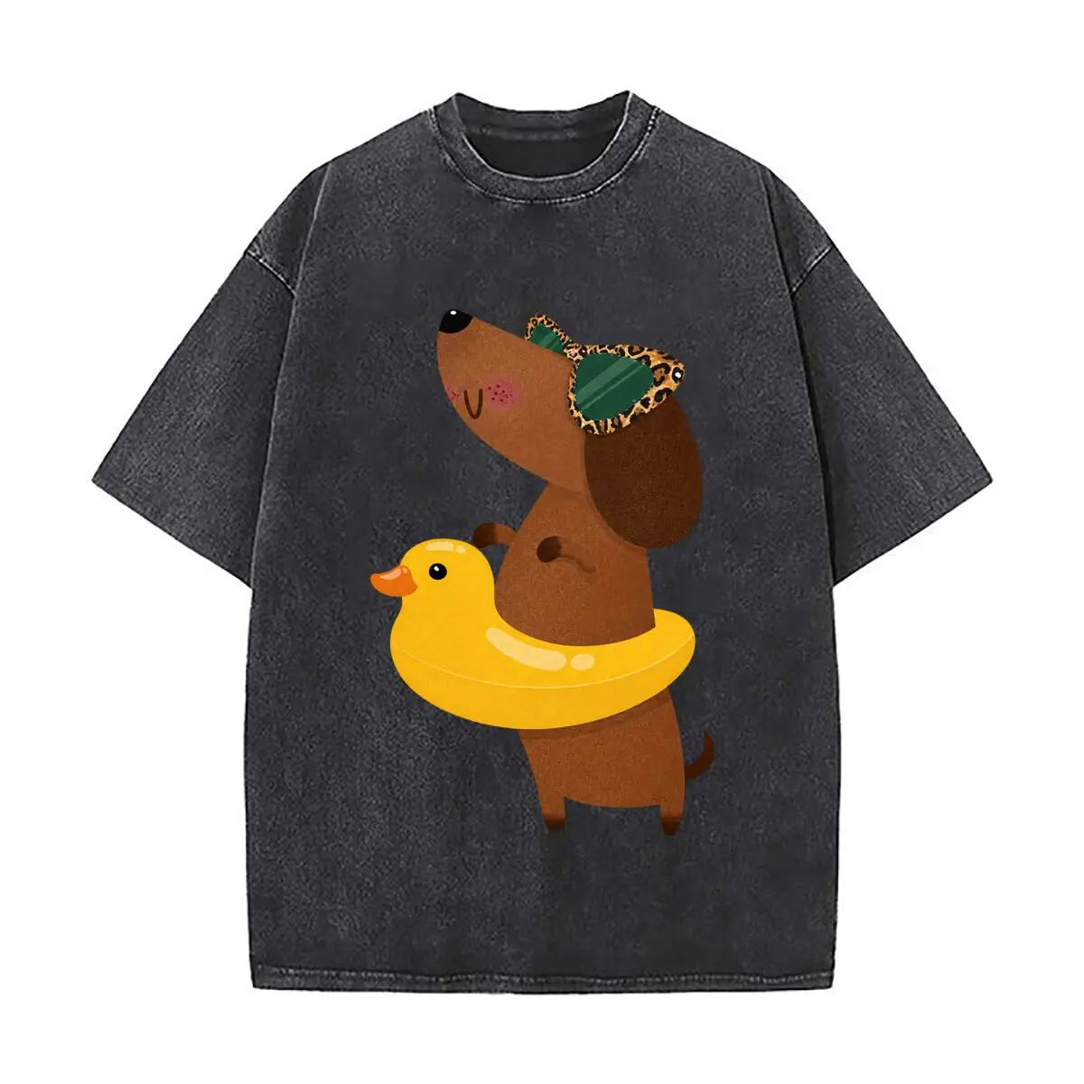 Dachshund Dog Yellow Duck Float Leopard Sunglasses Illustration Vintage Distressed Loose Streetwear Tops