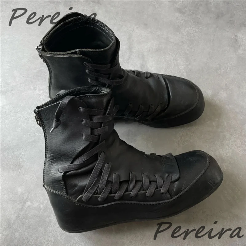 Vintage Black Leather High Top Boots for Men Women Niche Design Cross Strap Zipper Thick Soled Short Boots Flat Casual Shoes