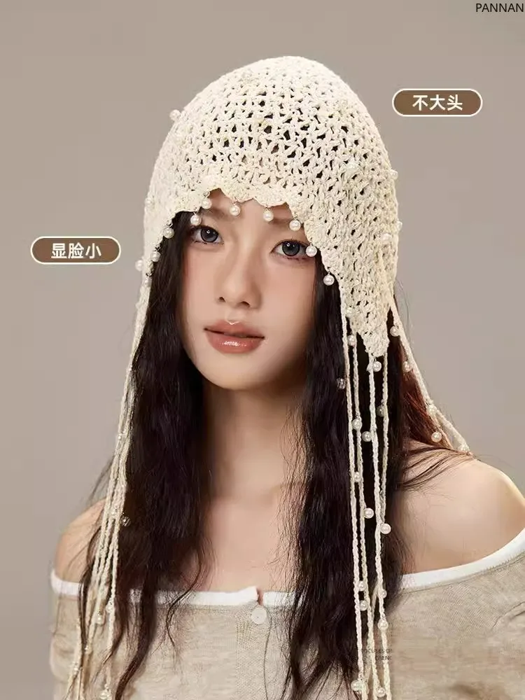 

Bohemian flower hollow pearl fringed woven bald hat women's vintage knitted pullover