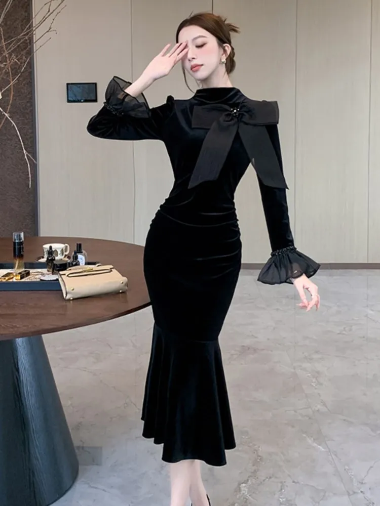 

Black Womens Dresses Elegant Bow Stand Collar Flare Sleeve Mermaid Evening Party Midi Dress Office Lady Casual Chic Vestidos New
