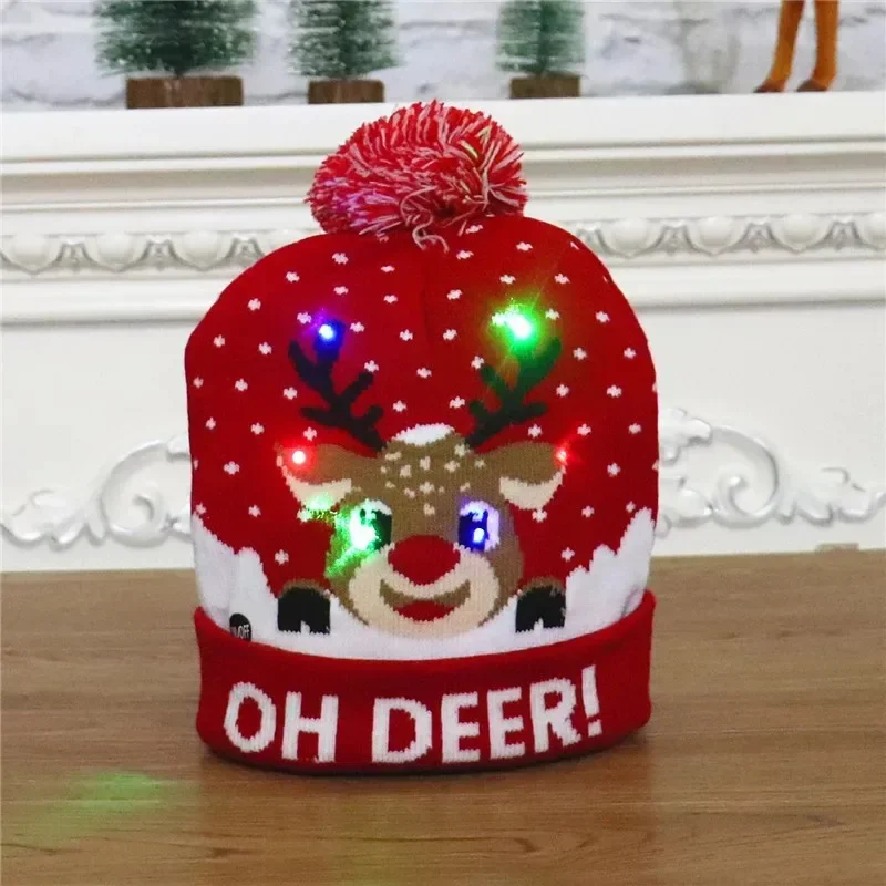 Christmas Hats With LED Light Cartoon Santa Claus Snowman Elk Knitted Xmas Soft Hat Noel Merry Christma Decoration New Year Gift