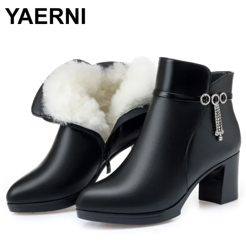 

2025 Women Winter Shoes New Fashion High heels Women Leather Boots Large Size Natural Wool Warm Ladies Short Boots