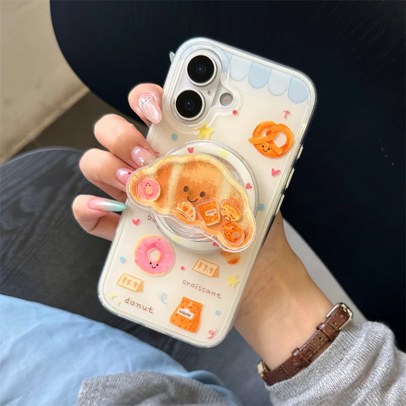 

Cute Croissant Magnetic Phone Case For iPhone 16 Pro 15 14 Pro Max Back Cover 2 in 1 Shockproof Cases with Magsafe Stand Funda