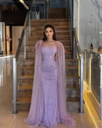 Arabic Luxury Purple Cape Sleeve Pageant Evening Dress Gowns 2024 Women Dress for Wedding Party Sequins Customize Prom Gown 2024