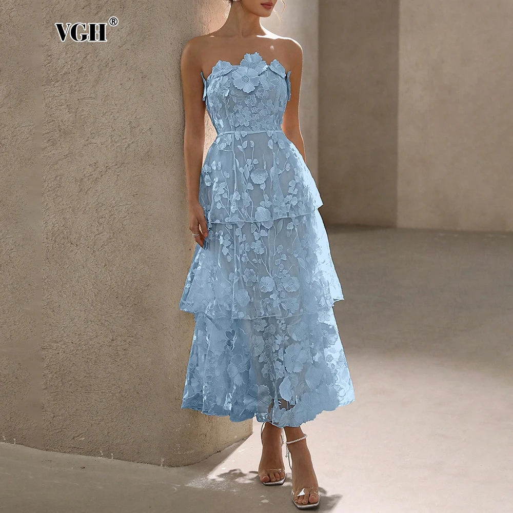 

VGH Elegant Slimming Spliced Appliques Solid Dresses For Women Strapless Sleeveless High Waist Folds Dress Female Fashion New