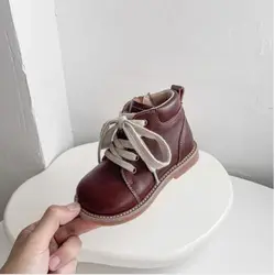 2024 Autumn Winter New Children Boots Boys Girls Short Boots Toddler Fashion Leather Shoes England Style Soft Bottom Boots 21-33