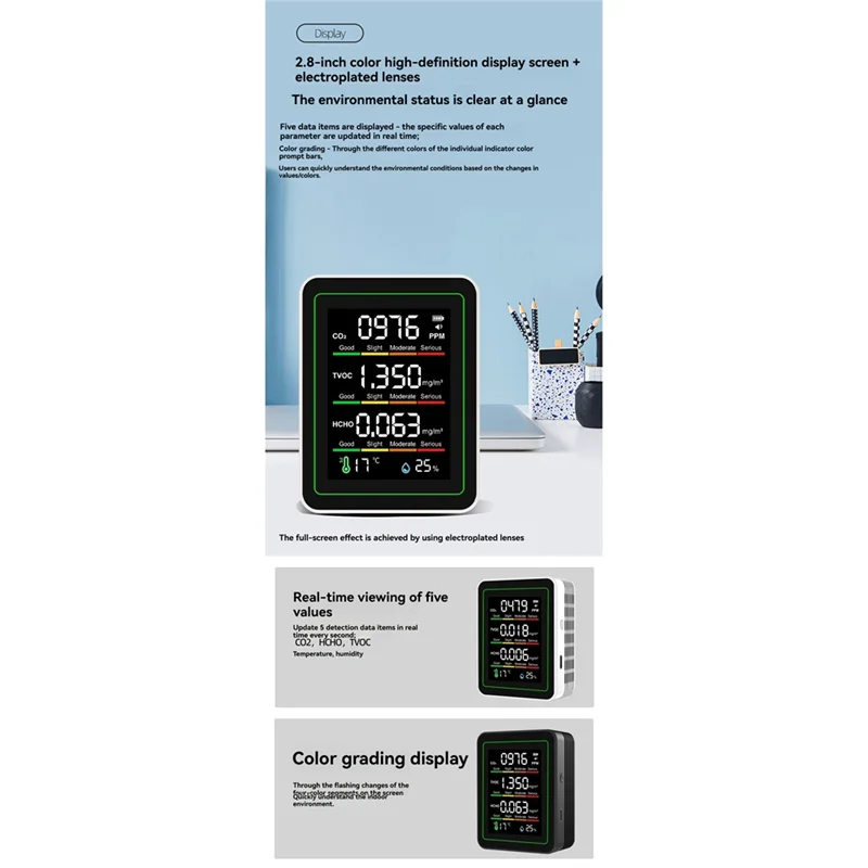 A98E-室内空気品質モニター、CO2 モニター/温度/ホルムアルデヒド検出器 TVOC 部屋用、ブラケット付き成長テント