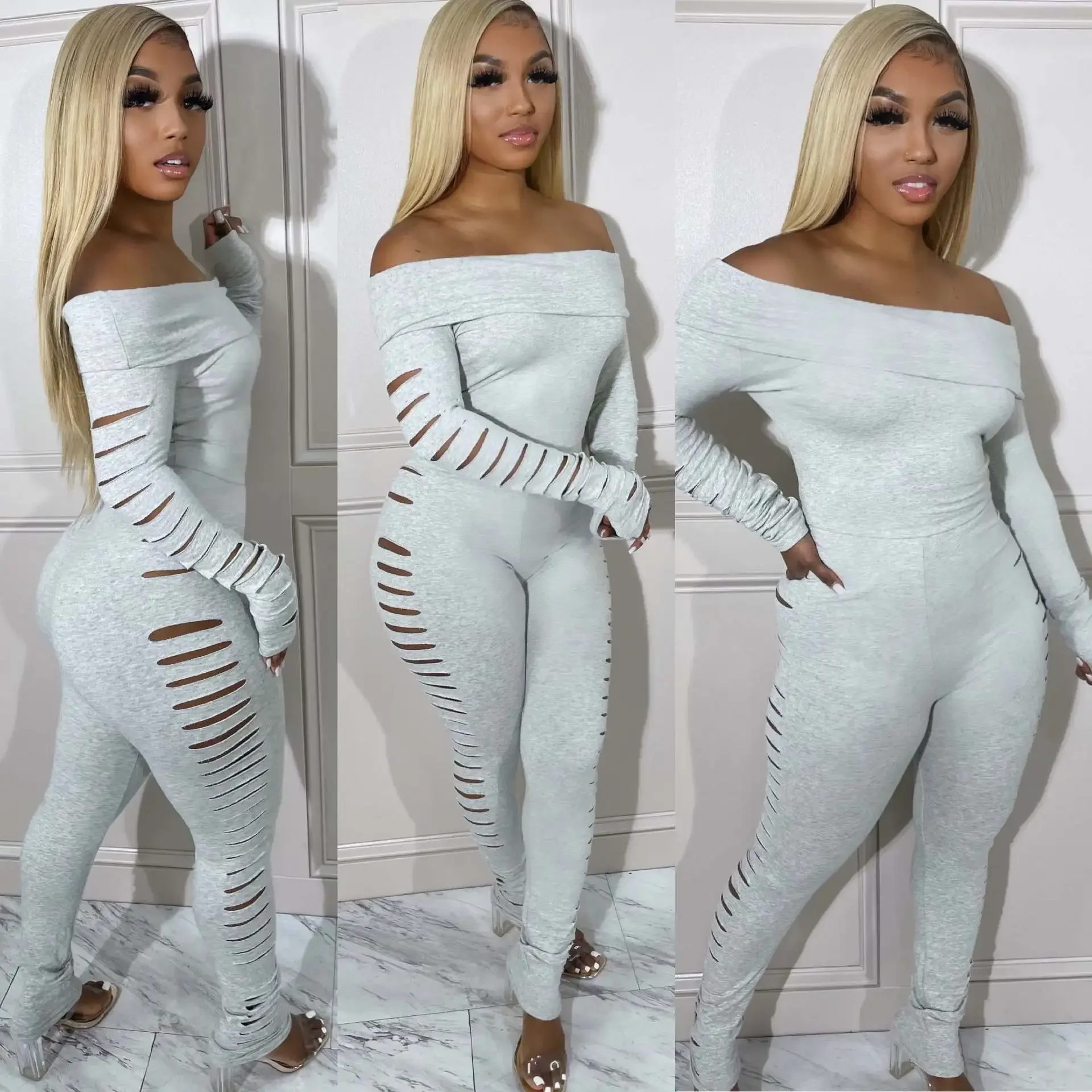 

Women Hole Hollow Out Sexy Party Clubwear Long Sleeve Jumpsuits 2025 Spring Slash Neck street One Piece Suit Rompers
