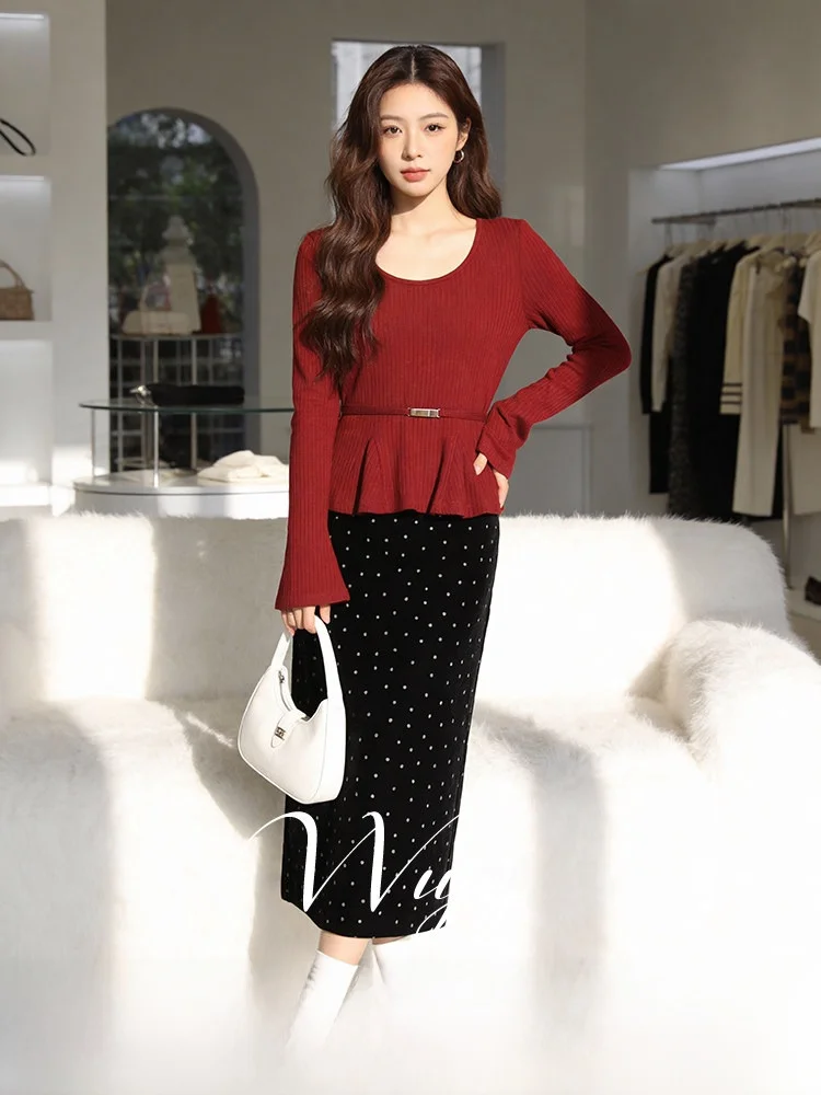 

plus Size Women's Spring Outfit High Waist A-Line Skirt Long Sve Slim Fit Top Polka Dot Bell Sve Cover Belly Set