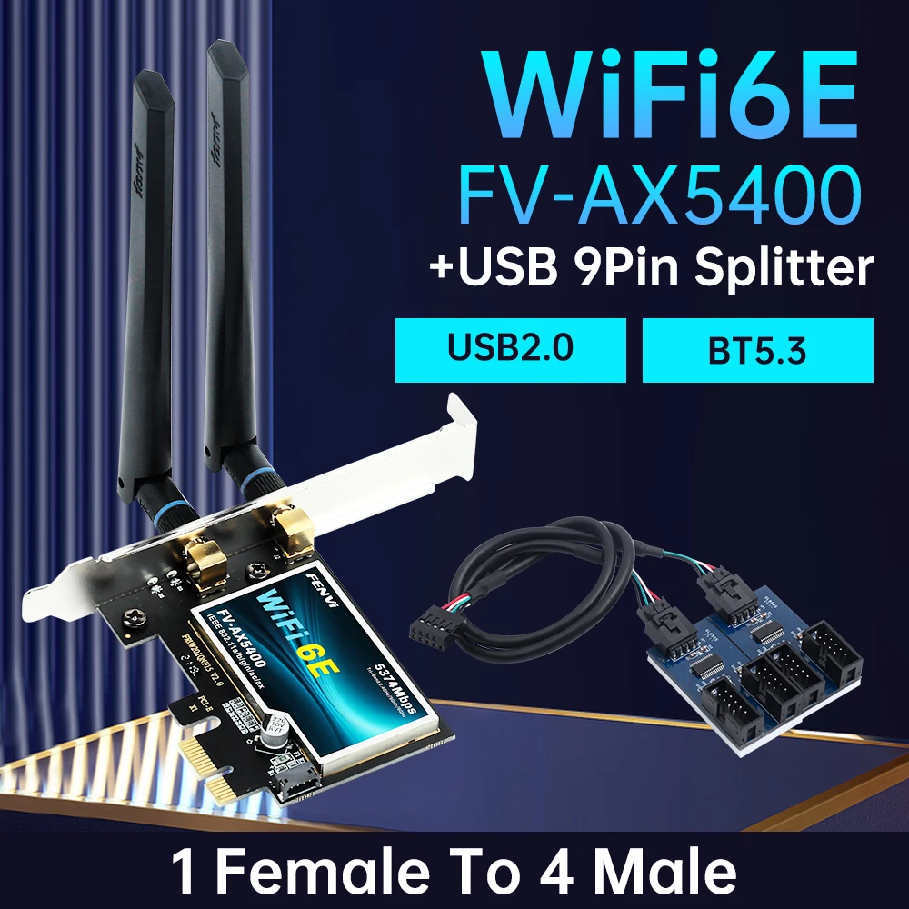 

Fenvi WiFi 6E AX210 PCIE Wireless Adapter BT5.3 Tri Band 9 Pin USB Splitter Motherboard Extension Cable Adapter For PC Win 10/11