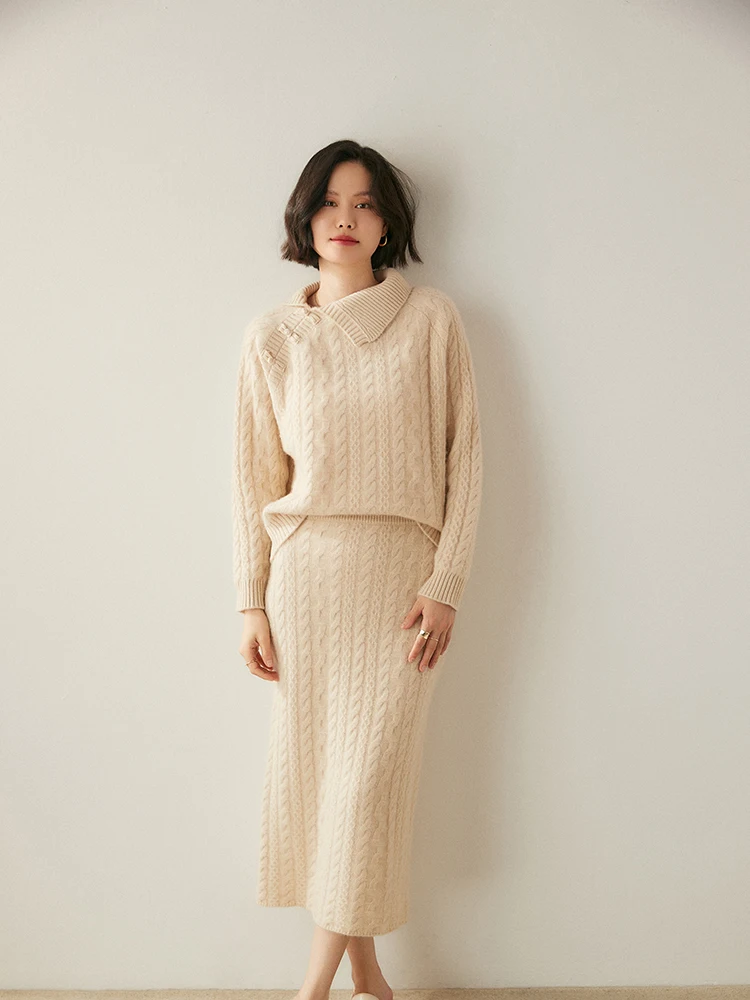 

New Chic Women 100% Cashmere Sweater Suit Cable Knit Pullover and Skirt Autumn Winter Grace Chinese Style Knitwear Suit Dress