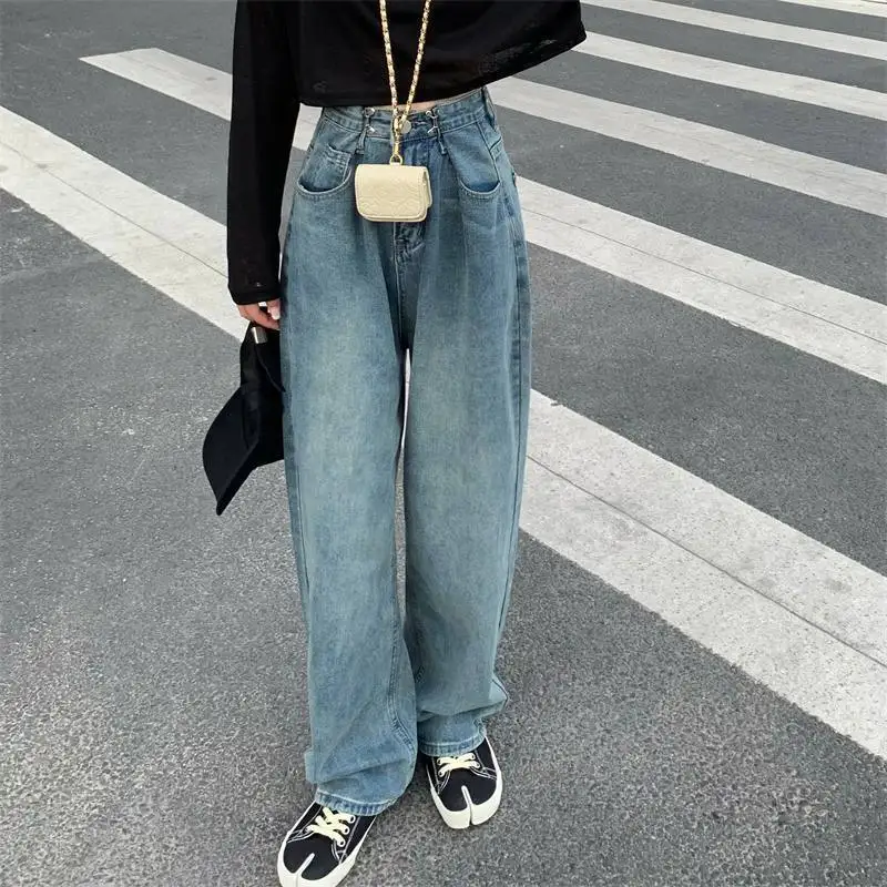 

Retro Blue Wide Leg Denim Jeans High Waist Slimming Loose Straight Cut Draping Floor-Length Women's Spring Autumn Pants