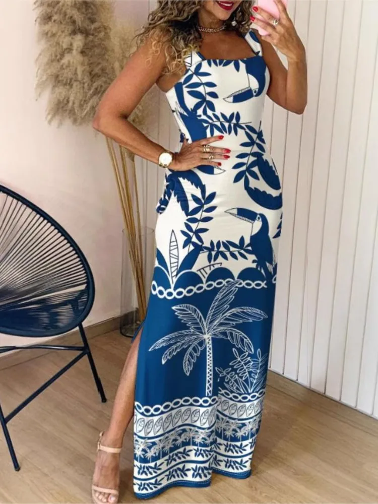 

Fashionable And Comfortable Casual Printed Dress Women's Elegant Style Summer U-neck Sleeveless Simple Commuting Split Dresses