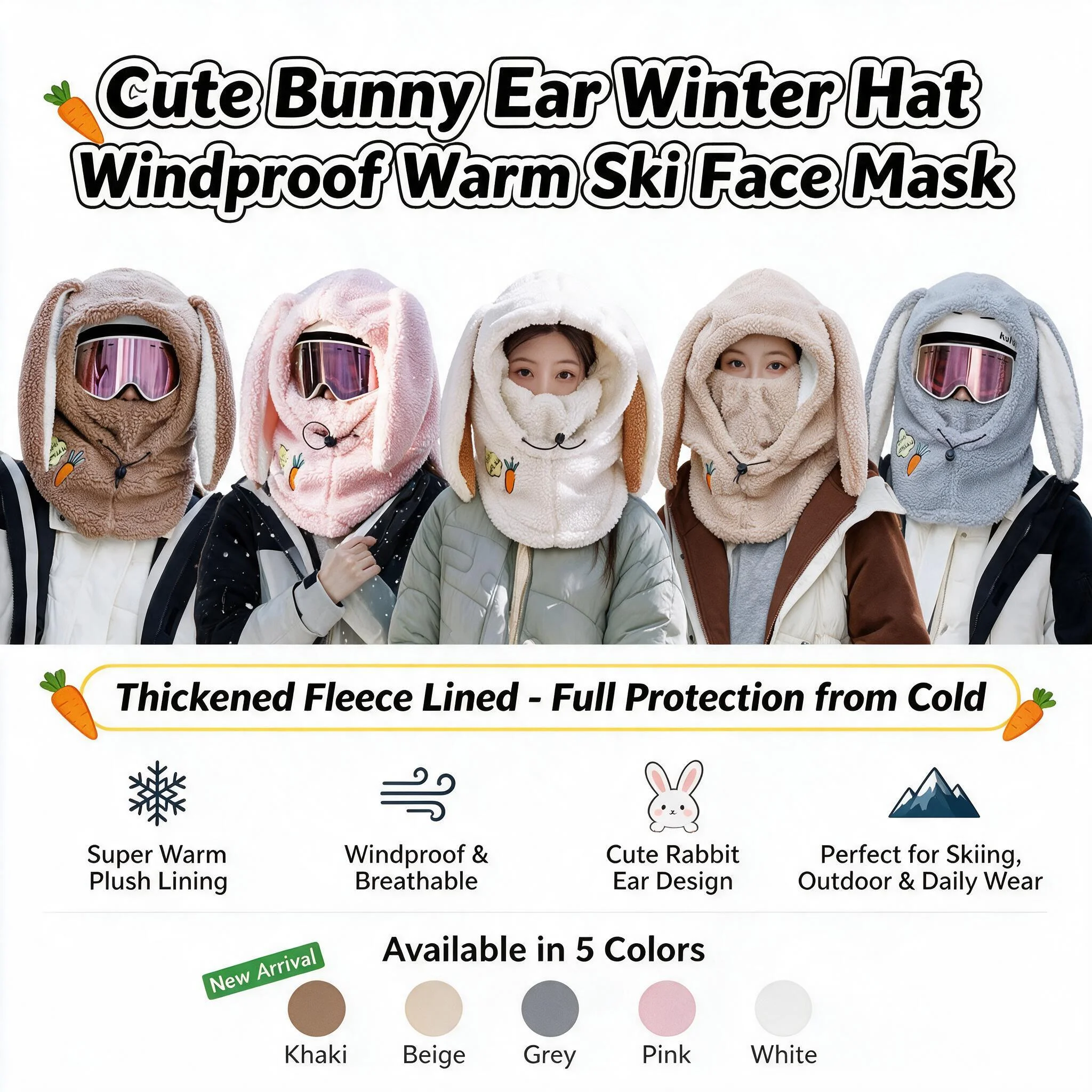 Soft Casual Thermal Winter Wool Ski Hat Scarf Set Cute Bunny Ears Warm Windproof Ski Helmet Cover Cartoon Cold Weather Headwear