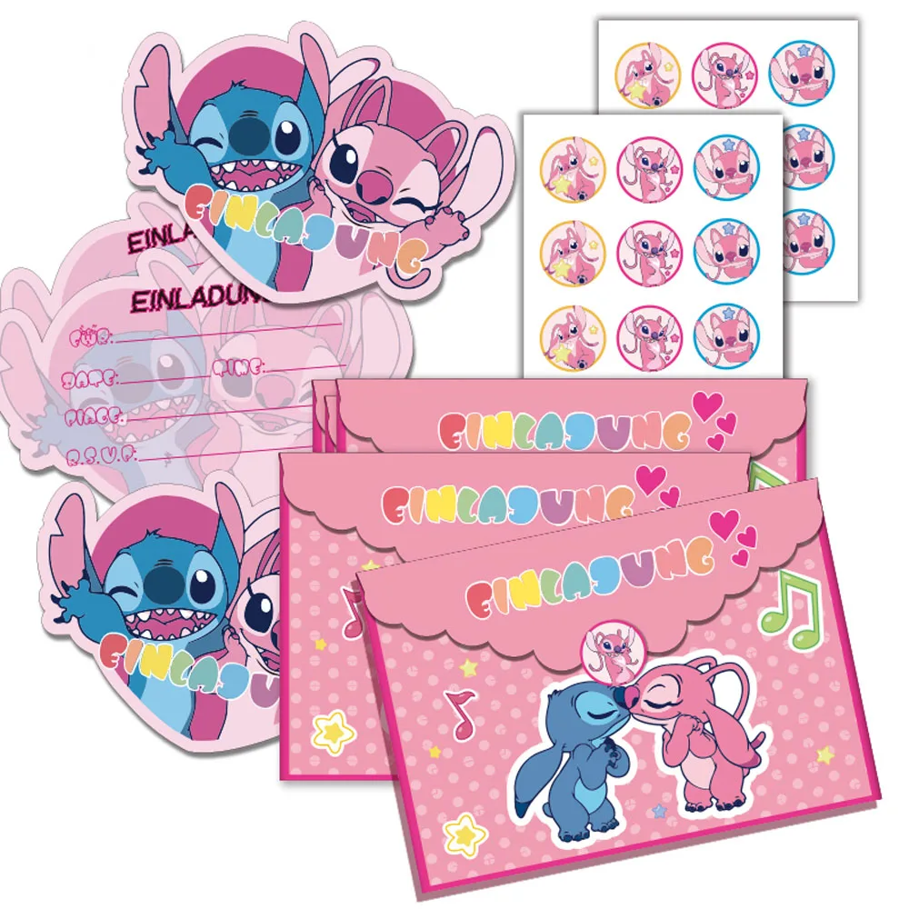 12Sets Disney Officially Licensed Stitch Angel Cute Pink Theme Birthday Party Invitation Card Envelope Invitation Postcard (With