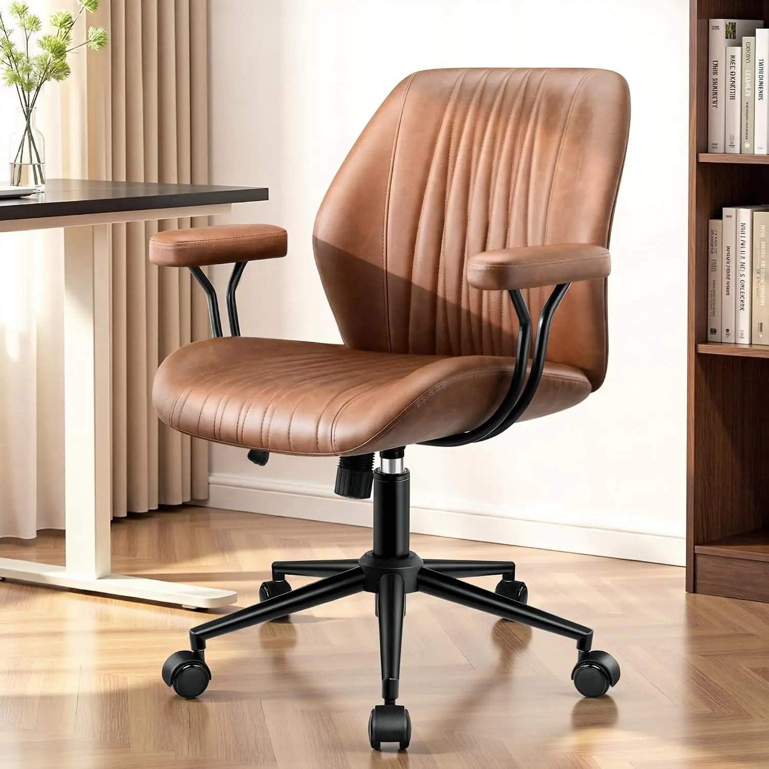 Leather Office Chair Removable Armrests Mid Back Ergonomic Desk Chair Lumbar Support Adjustable Height Rocking Swivel Executive