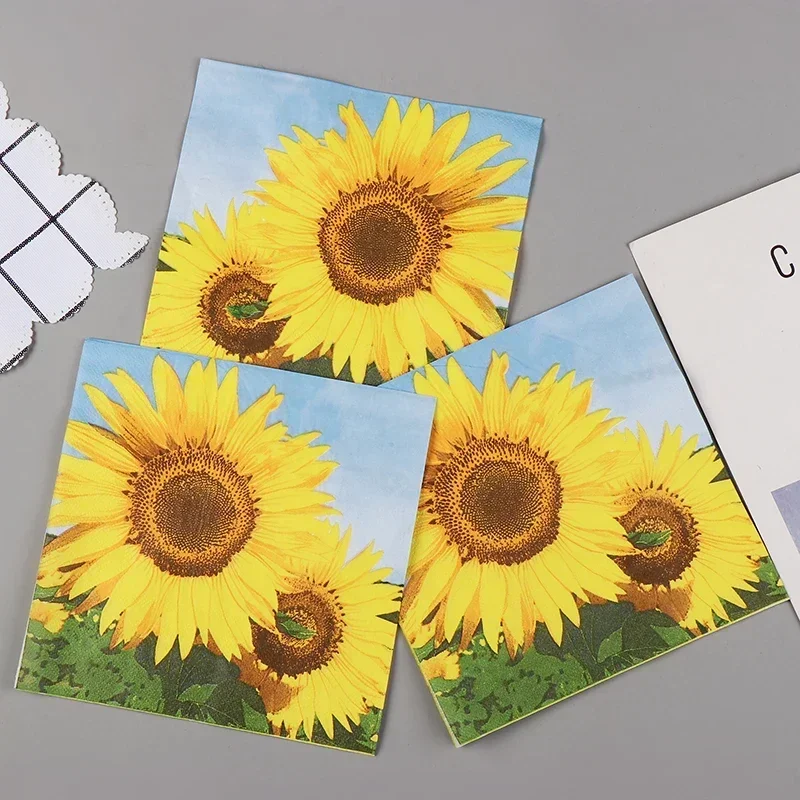 20Pcs 2Ply 33cm Sunflower Napkins Yellow Floral Blue Sky Print Disposable Paper Napkins for Summer Wedding Party Table Decor