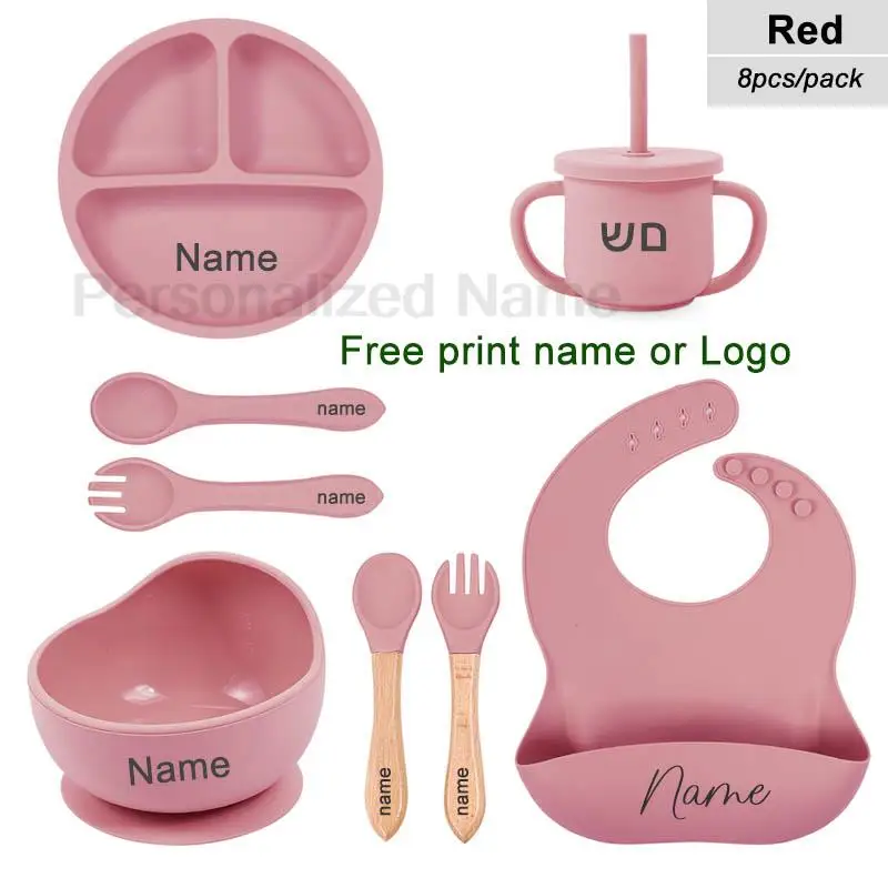 6Pcs Silikon Geschirr Für Kinder Baby Fütterung Sets Sauger Schüssel Esszimmer Platte Löffel Gabel Bib Tasse Personalisierte Name kinder geschenk – Detail 15