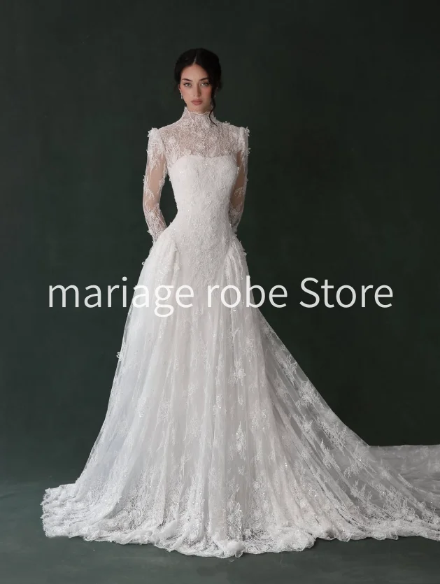 Luxury Lslam Middle East Princess Wedding Dresses Lace Floral Applique Long Sleeve High Neck Bespoke Bridal Gown Outfit Customiz