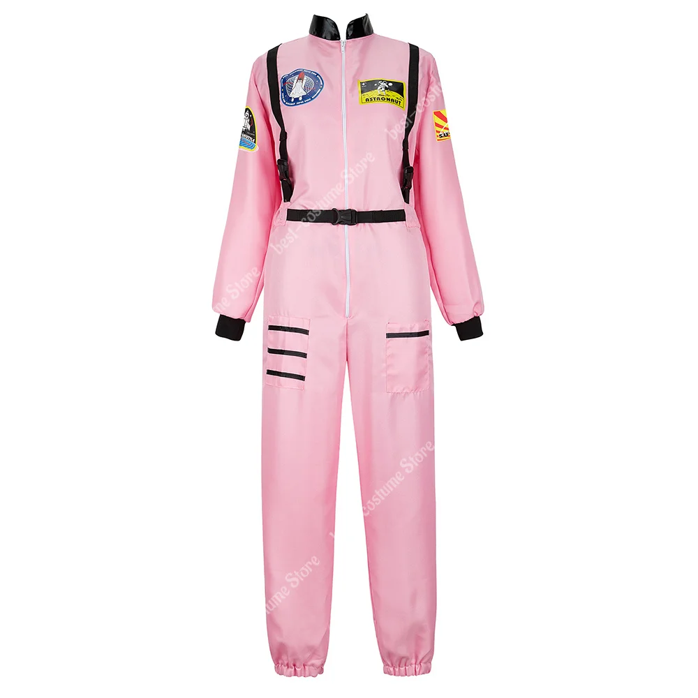 Women Astronaut Costume Men Adult Kids Family Astronaut Costume Plus Size Jumpsuit Zipper Space Suit Uniform Pink White Blue