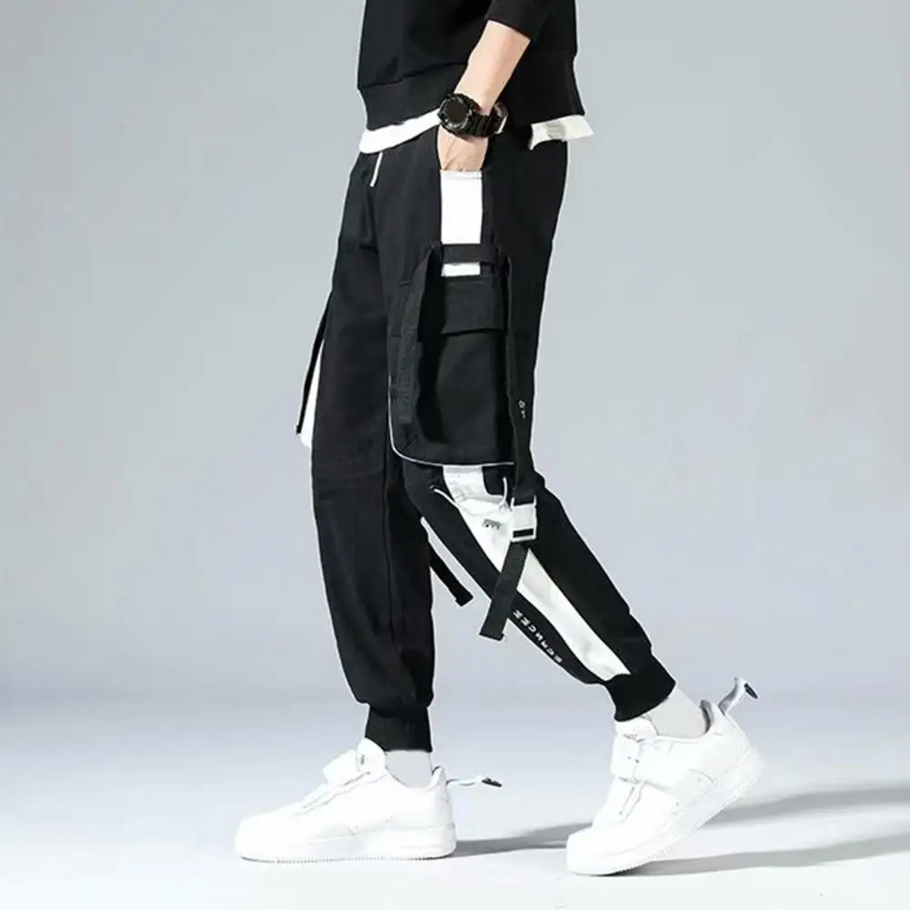 Men Loose Trousers Stylish Men's Cargo Pants with Strap Decor Multi Pockets Elastic Waist Hip Hop Streetwear Trousers for Work