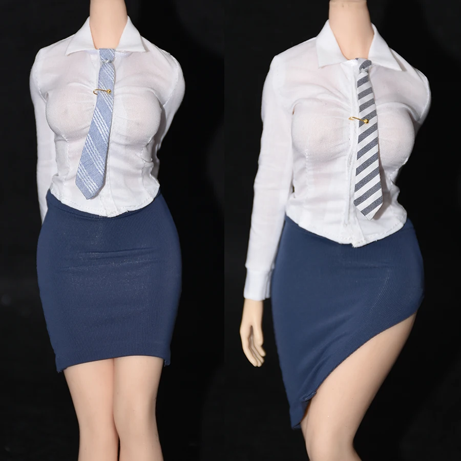 1/6 Scale Female Sexy Office Lady Slim White Shirt with Stripe Tie Elastic Irregular Mini Hip Skirt for 12in Action Figure Body