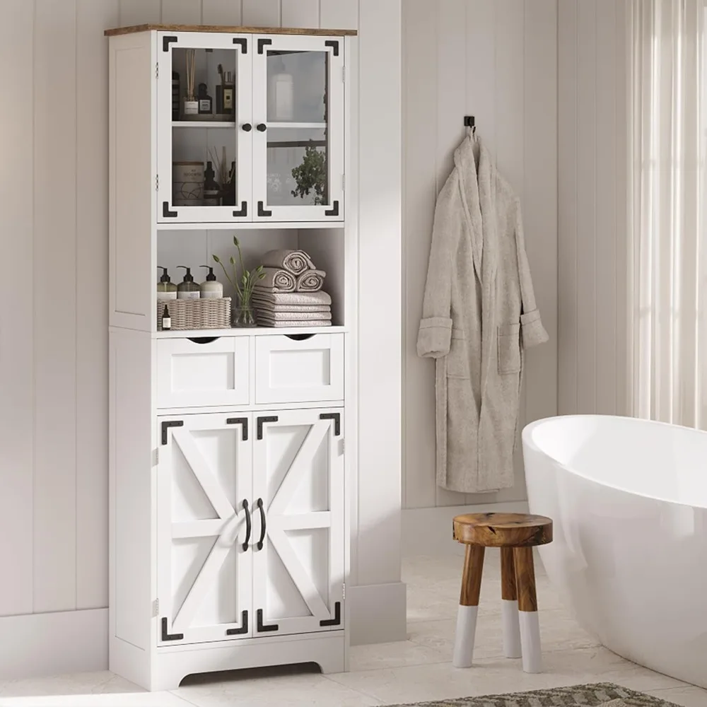 

67 Inch High Bathroom Storage Cabinet, Freestanding Linen Bathroom Cabinet with Glass Doors, 2 Drawers, and Adjustable