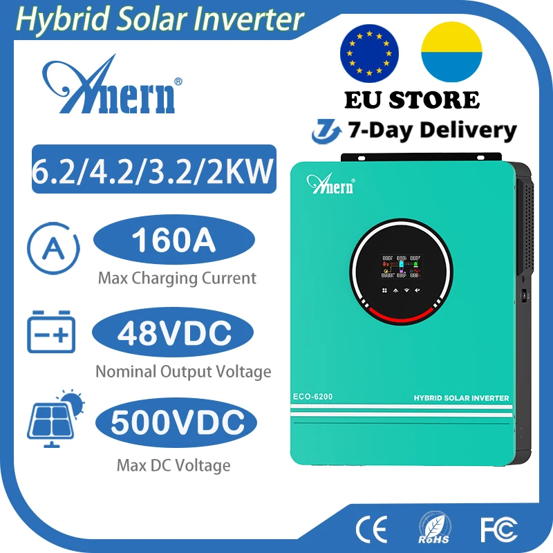 Anern 6200W 4200W 24/48V 120A 80A MPPT Solar Charge Pure Sine Wave LCD Display 3200W 2000W Hybrid Inverter Max PV Input 6500W