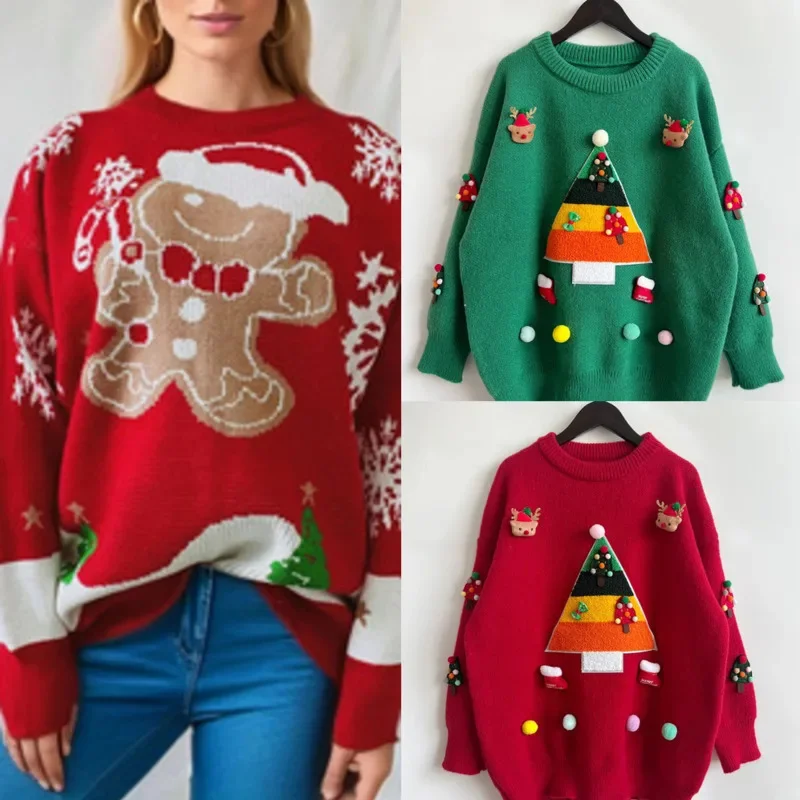 

Christmas 3D Sweater Knitted Christmas Tree Jacquard Women European American Knitted Sweater Pullover O-neck Loose Top New