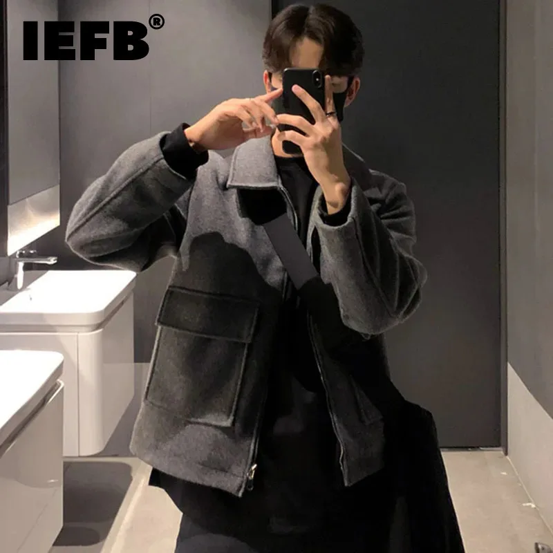 

IEFB Male Jackets Korean Fashion Solid Color Turn-down Collar Large Pockets Zipper Thickened Men's Short Coats Spring New 9C4699